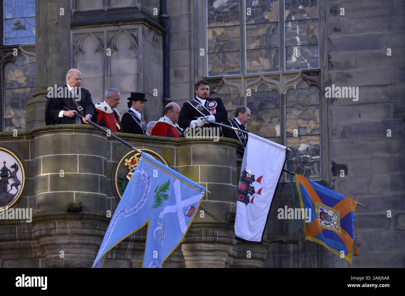 Riders and civic figures during the 2019 Riding of the Marches in Edinburgh Scotland UK. Over 250 horses and riders took part in the event. Stock Photo