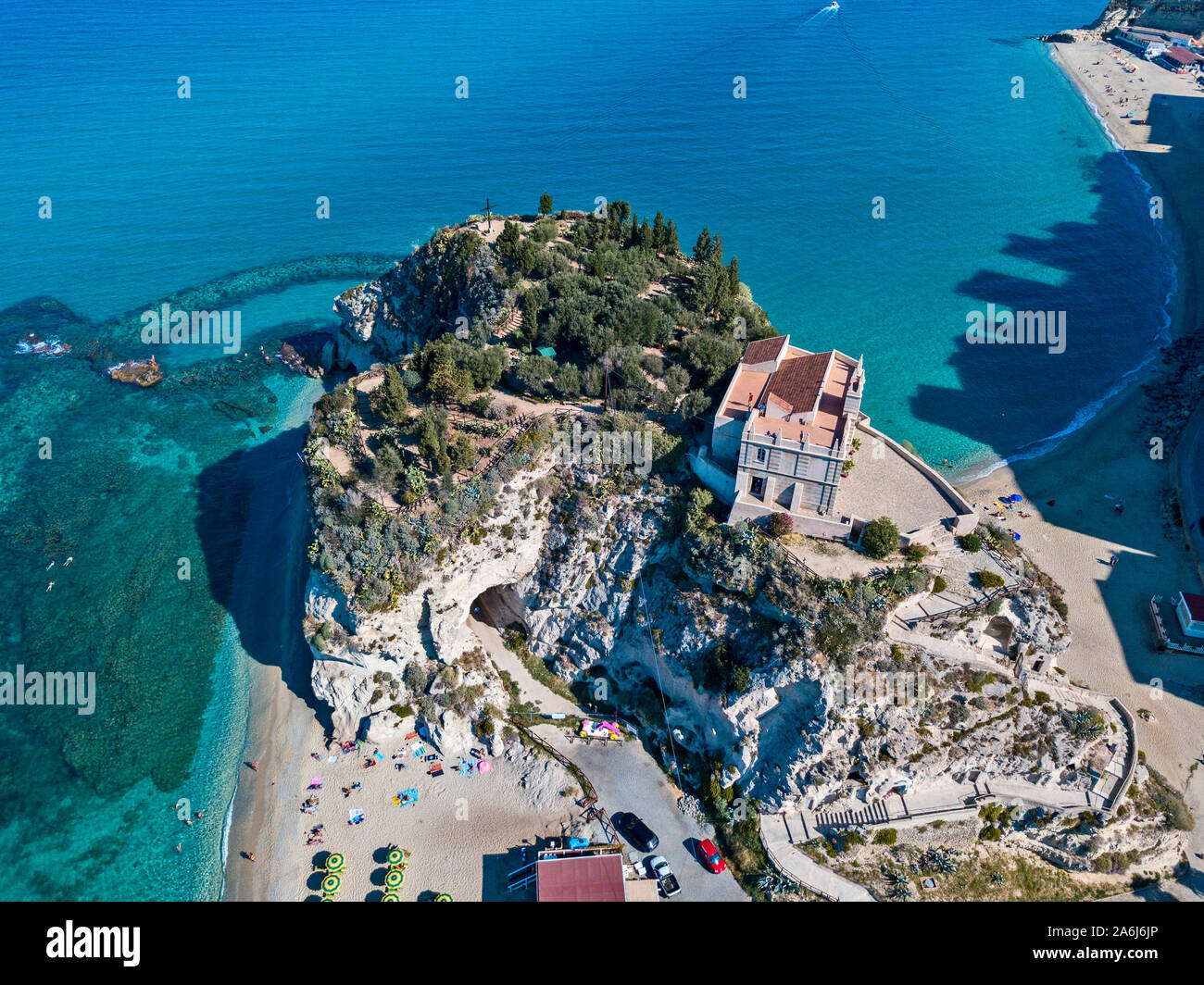 Aerial view of Tropea, house on the rock and Sanctuary of Santa Maria dell'Isola, Calabria. Italy. Tourist destinations. A cliff and a beach Stock Photo