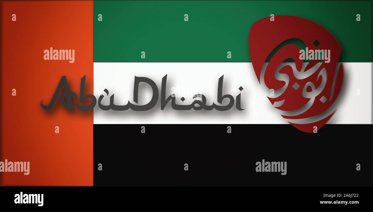 Abu Dhabi logo, in the background of the flags of the United Arab