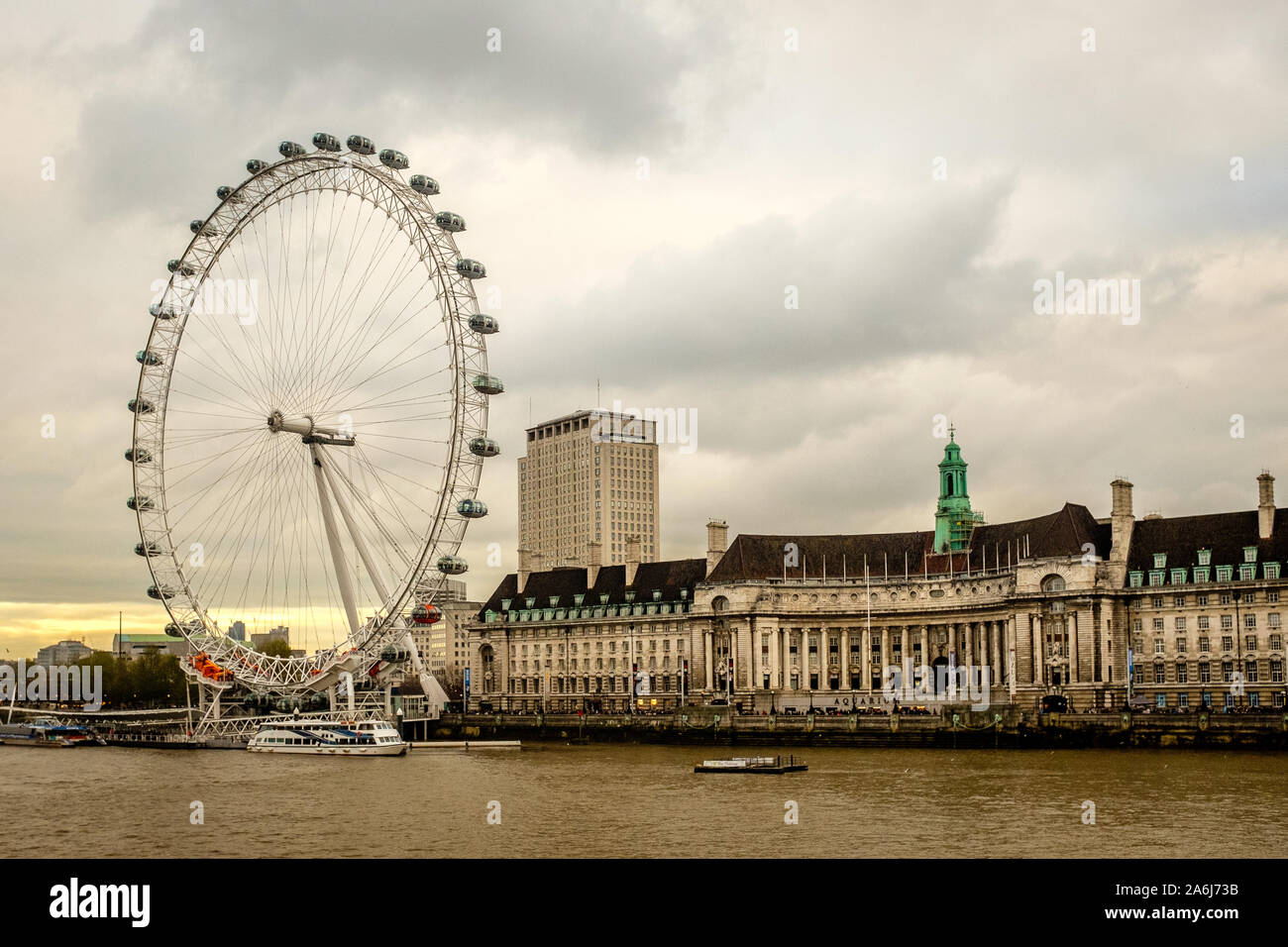 LONDON, UK, December 07, 2013: County Hall and 'London Eye' with river Themse Stock Photo