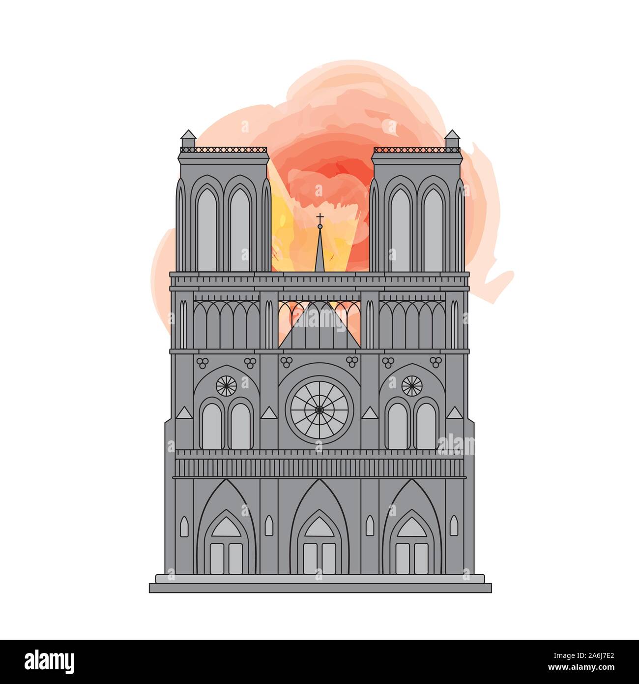 Notre Dame Cathedral in Paris, France. Line drawing with watercolor style flames. EPS10 vector format Stock Vector