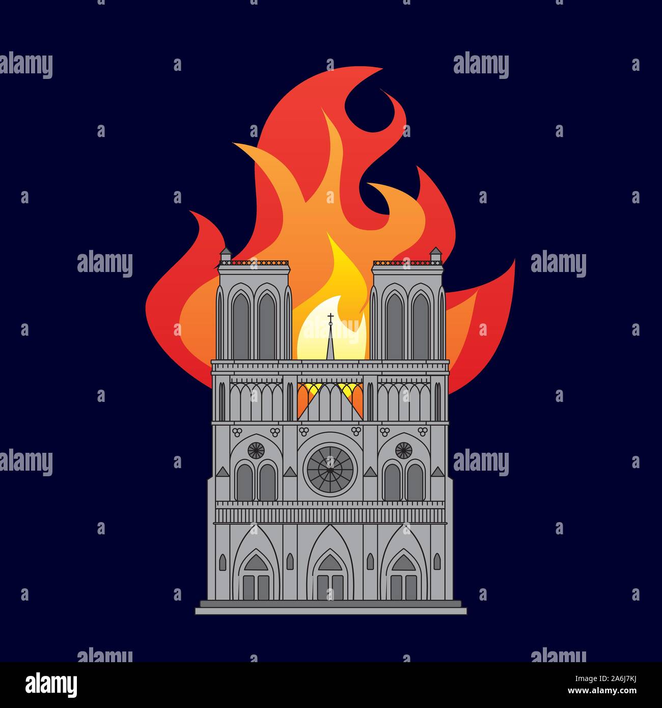 Notre Dame Cathedral in Paris, France. Colour drawing showing the building on fire at night. EPS10 vector format Stock Vector