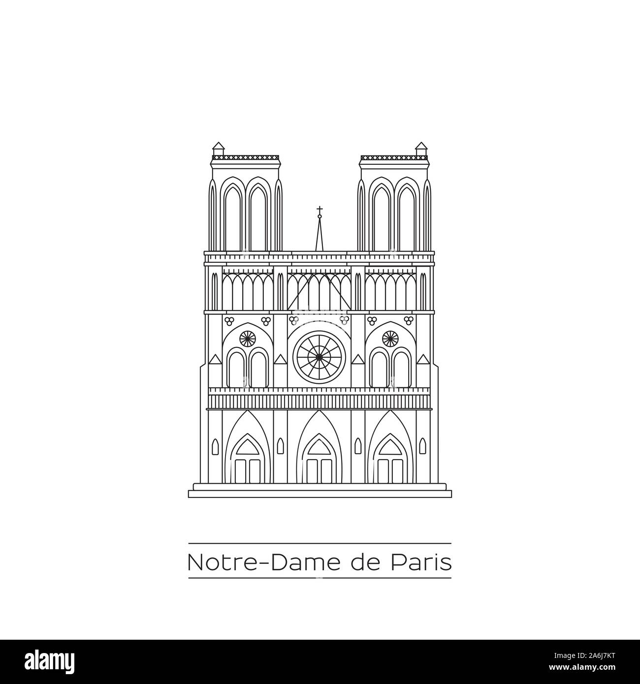 Notre Dame Cathedral in Paris, France. Black and white line drawing in EPS10 vector format. Stock Vector