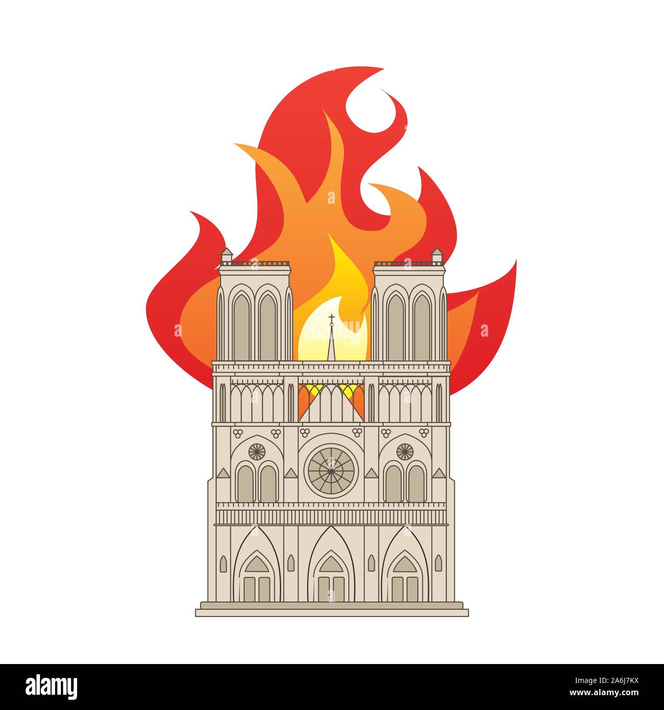 Notre Dame Cathedral in Paris, France. Colour drawing showing the building on fire. EPS10 vector format Stock Vector