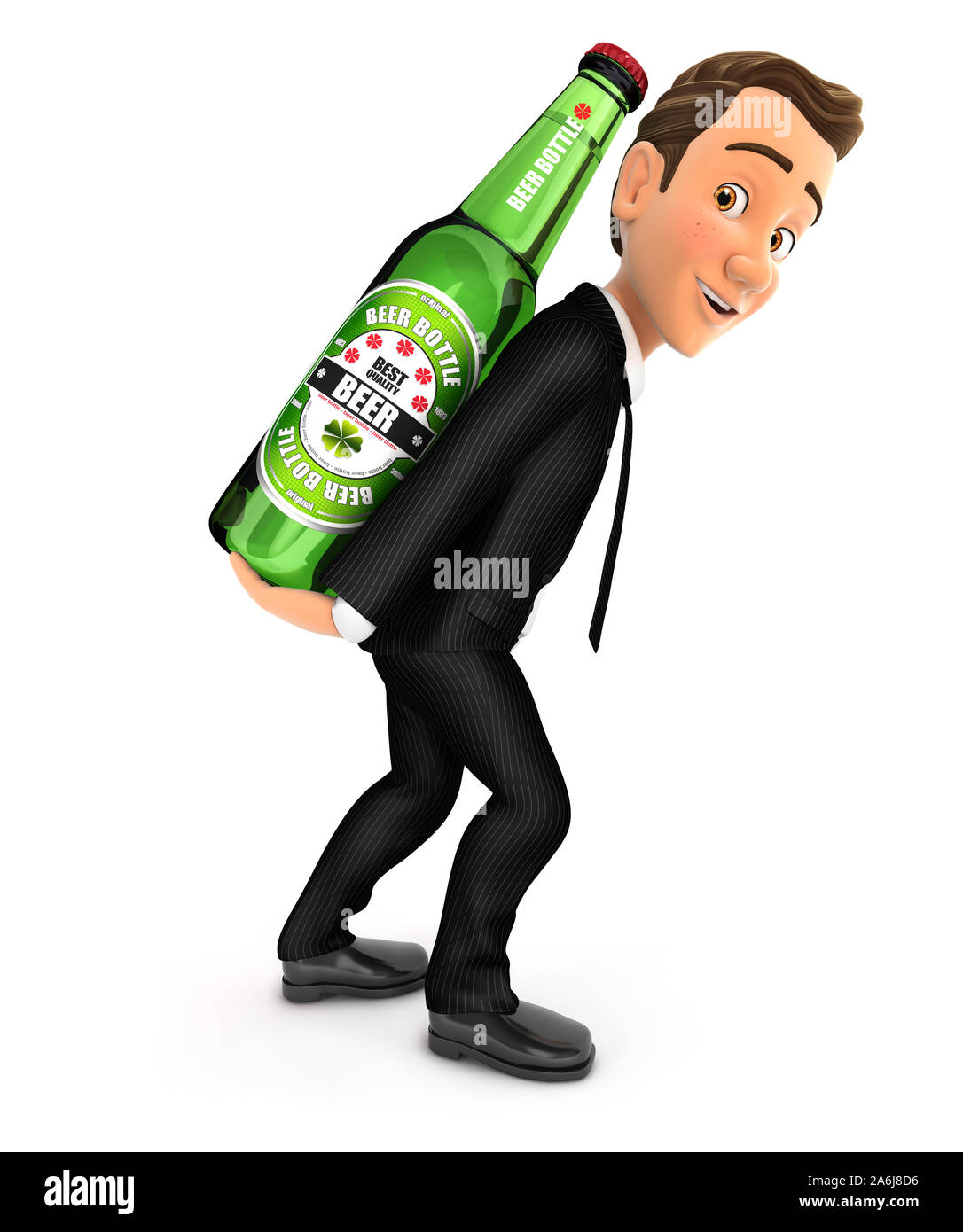 3d waiter carrying beer bottle on his back, illustration with isolated white background Stock Photo