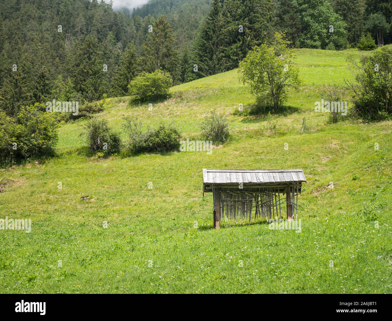 Weather-protected rack for storing haystacking tools, Pfunds-Greit, Upper Inn Valley, Tyrol, Austria Stock Photo