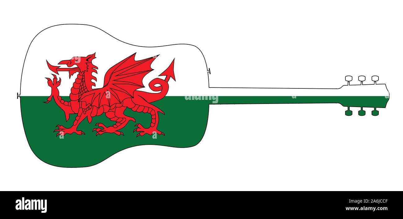 A typical acoustic guitar silhouette isolated over a white background with a Wales flag Stock Vector