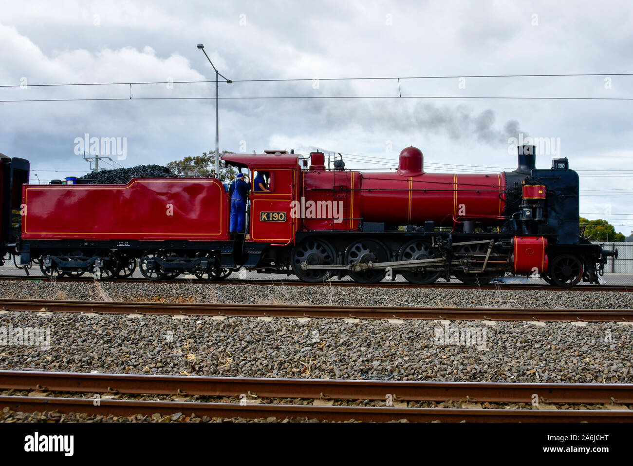 K190 Red Steam Train Victorian Era  Stationary en-route to Geelong at Hoppers Crossing Melbourne Victoria Australia Stock Photo