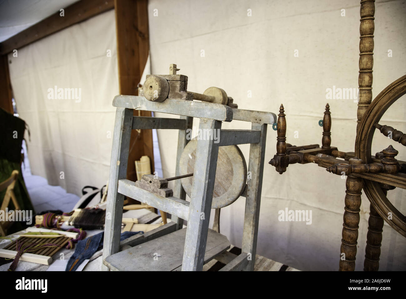 Spinning wheel, detail of ancient craftsmanship, thread manufacturing ...