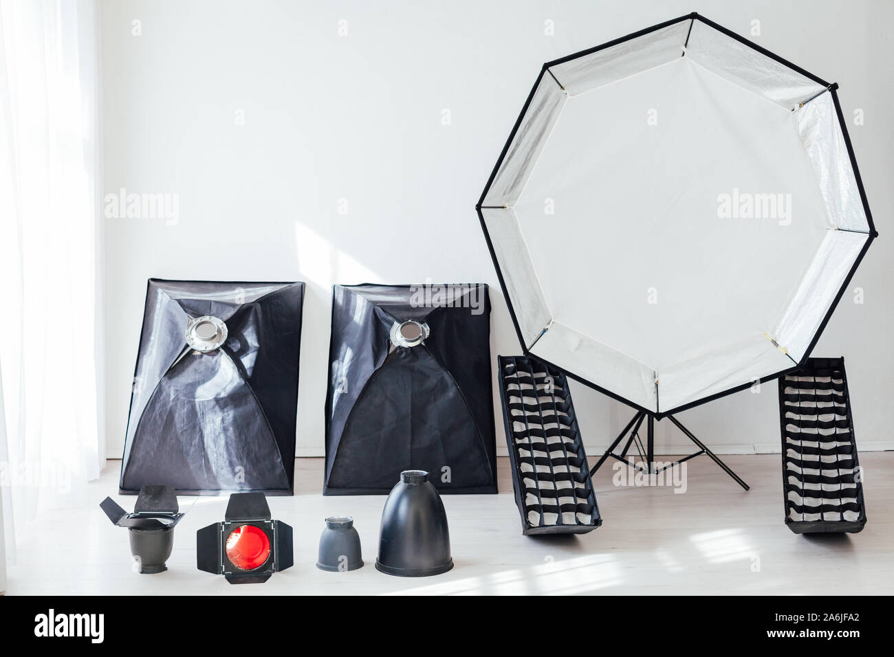 Photo studio equipment flash photographer on a white background Stock ...