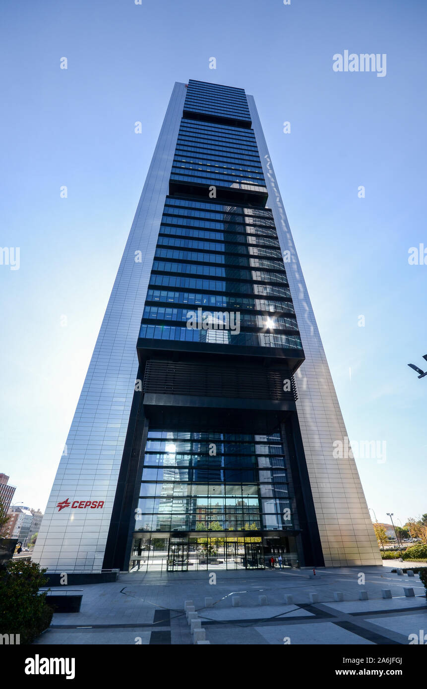 Madrid, Spain - Oct 26, 2019: Torre Cepsa is a Norman Foster designed skyscraper in the Cuatro Torres Business Area, Madrid, Spain Stock Photo