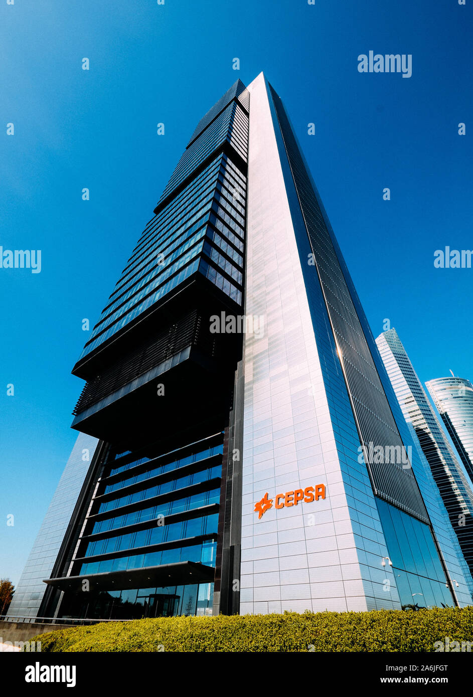 Madrid, Spain - Oct 26, 2019: Torre Cepsa is a Norman Foster designed skyscraper in the Cuatro Torres Business Area, Madrid, Spain Stock Photo