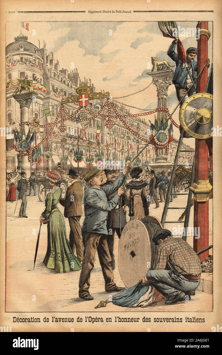 Decoration de l'avenue de l'opera, pour accueillir les souverains d'Italie, Victor Emmanuel III (Victor-Emmanuel) (Vittorio Emanuele) (1869-1947) et s Stock Photo