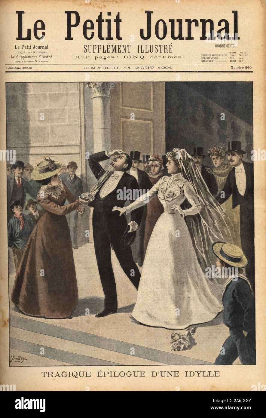 A Limoges, sur le parvis de l'eglise, juste apres la celebration de son mariage, le jeune marie, qui avait oublie qu'il s'etait deja engage aupres d'u Stock Photo