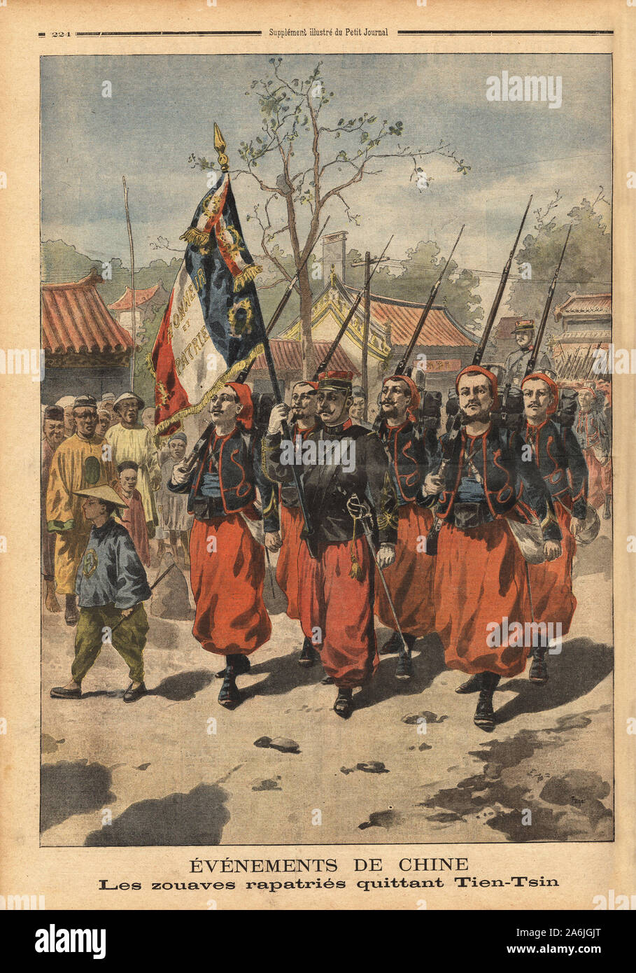 Les zouaves rapatries defilent dans les rues de Tien Tsin ( Chine), avant d'embarquer pour leur rapatriement. Gravure in 'Le petit journal' 14/7/1901. Stock Photo