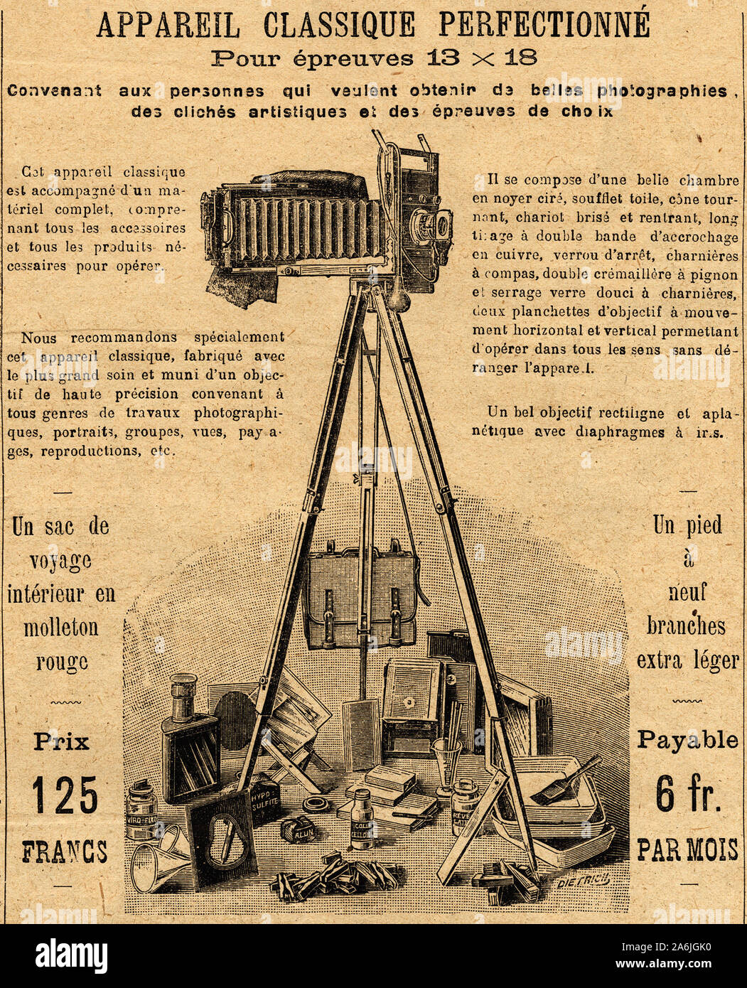 Publicite pour un appareil photo avec tout ses accessoires. Gravure in "Le  petit journal" 14/7/1901 Stock Photo - Alamy