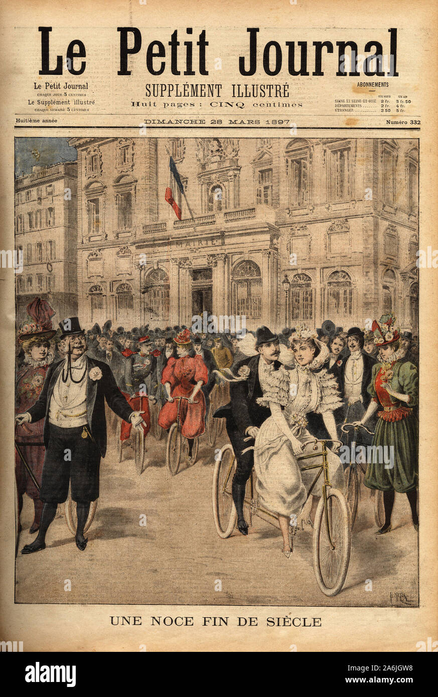 Une noce fin de siecle, les jeunes maries ont quitte l'hotel de ville de Paris, en enfourchant un tandem, suivi de leur cortege monte a bicyclette. Gr Stock Photo