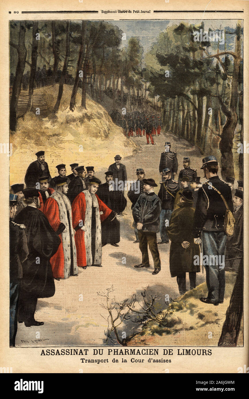 Scene de reconstitution du crime, en presence de tous les membres concernes en robe officielle de magistrat, dans le bois de gravenoire, ou le cadavre Stock Photo