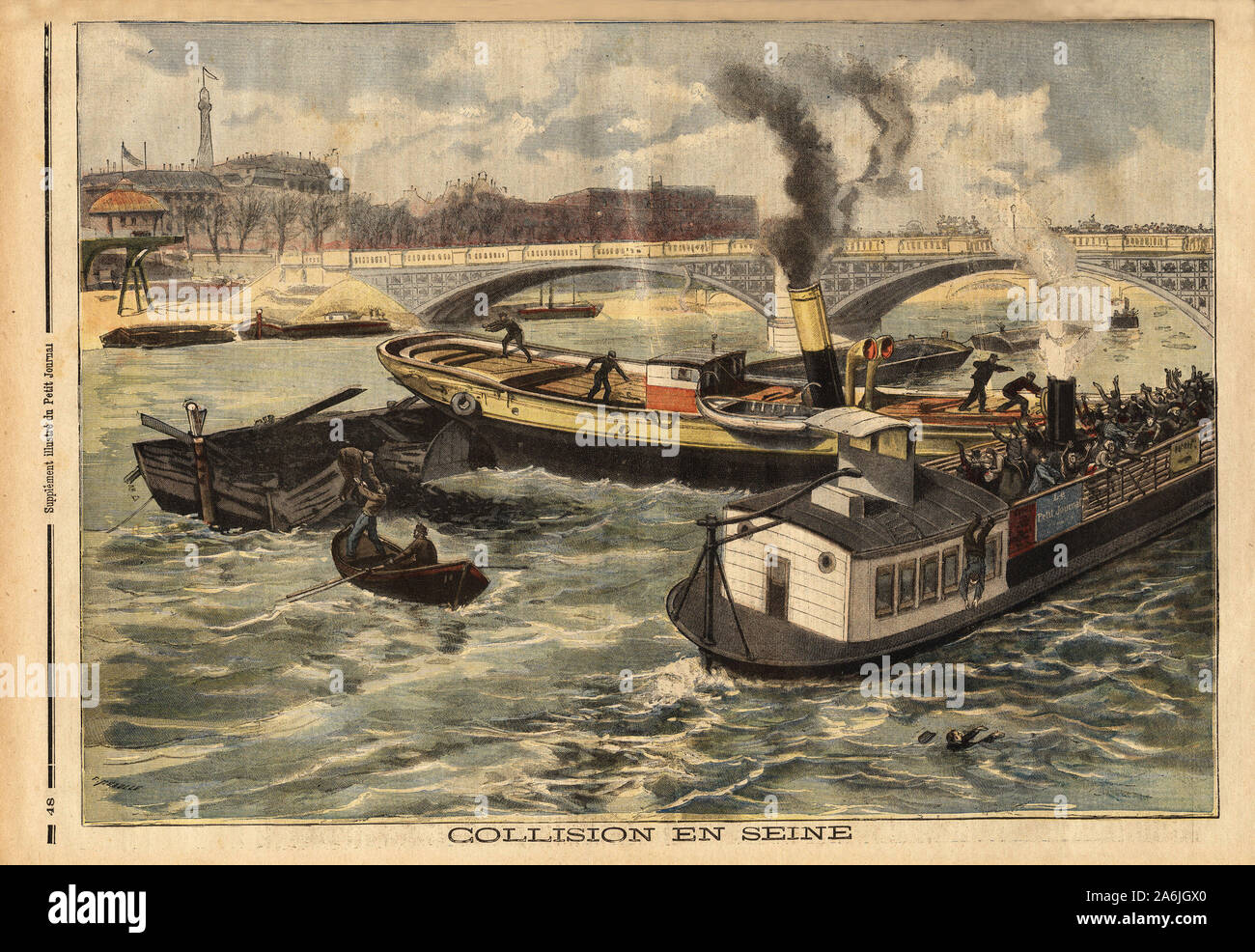 Collision sur la Seine entre un bateau a vapeur anglais et une peniche omnibus de Paris, a la hauteur du pont royal. Gravure in 'Le petit journal' 7/0 Stock Photo