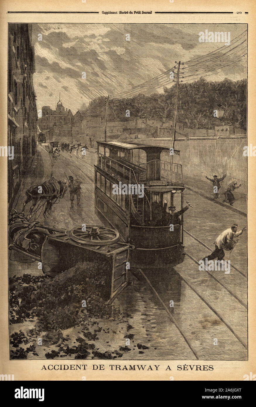 Accident de tramway a Sevres, des degats materiels mais aucun blesse. Gravure in 'Le petit journal'   24/01/1897. Stock Photo