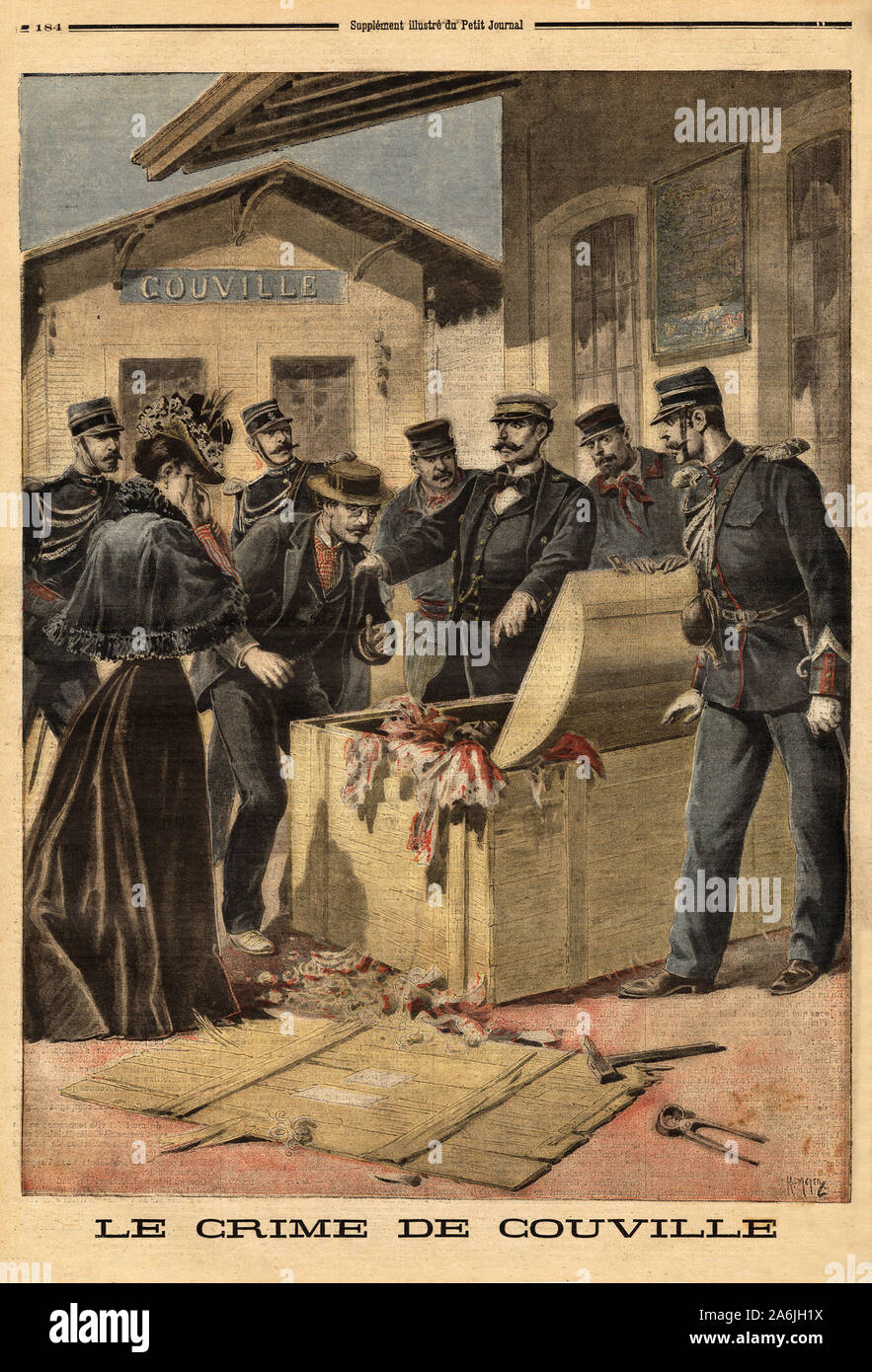 Un cadavre decouvert dans une malle, a Couville, pres de Cherbourg, par le chef de gare . Gravure in 'Le petit journal' 7/06/1896. Collection de . . Stock Photo