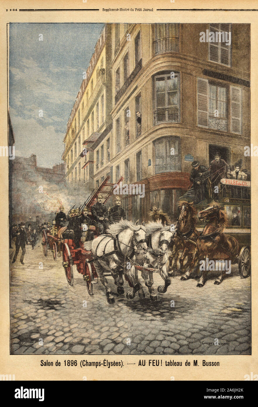 La pompe a vapeur et les vehicules des sapeurs pompiers de Paris, d'apres un tableau de M. Busson. Gravure in 'Le petit journal' 3/05/1896. Collection Stock Photo