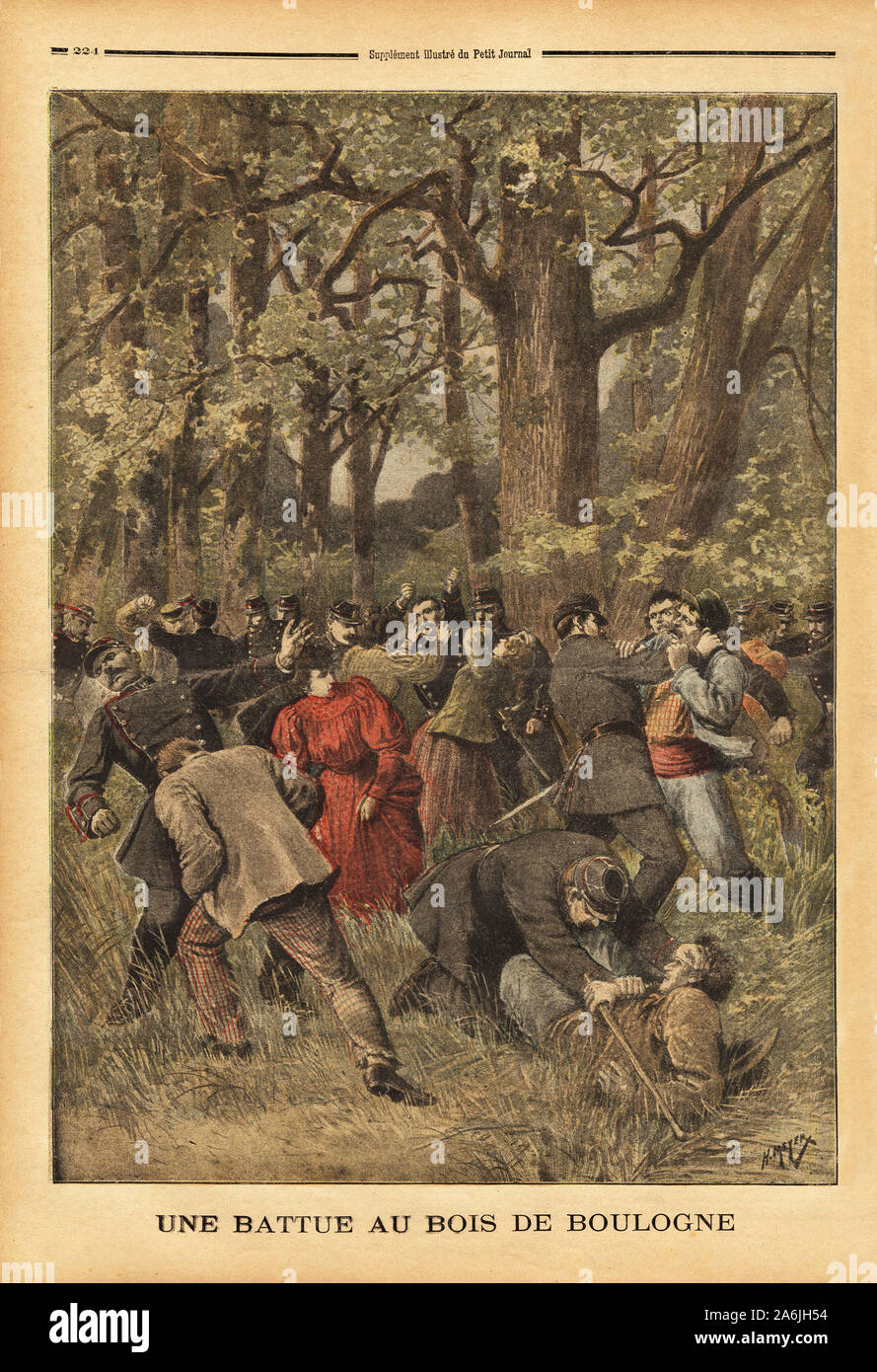 Une battue au bois de Boulogne, les agents raflent une quinzaine de femmes et de vagabonds. Gravure in 'Le petit journal' /1895. Collection de . . Stock Photo