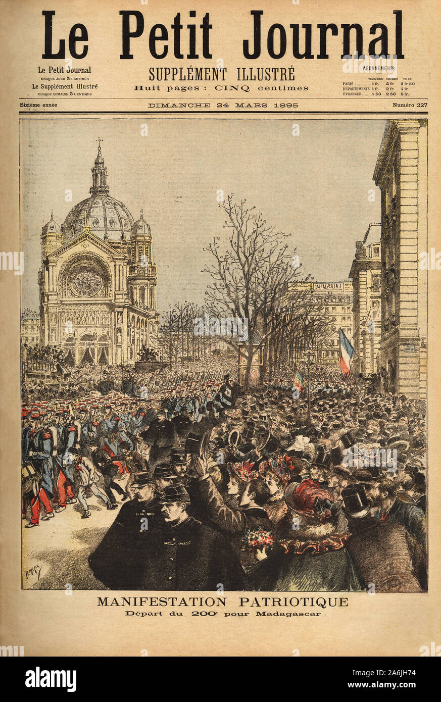 Manifestation patriotique a Paris, pour  le depart du 200eme regiment pour  Madagascar . Gravure in 'Le petit journal' 24/03/1895. Collection de . . Stock Photo
