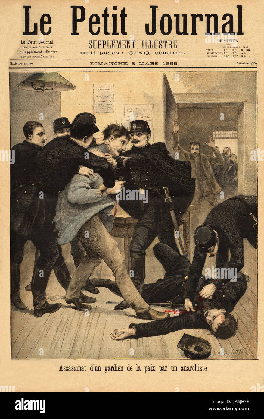 Un anarchiste ( Le Gagneux) assassine un gardien de la paix ( Belorgey), dans le commissariat de Pantin . Gravure in 'Le petit journal' 3/03/1895. Col Stock Photo