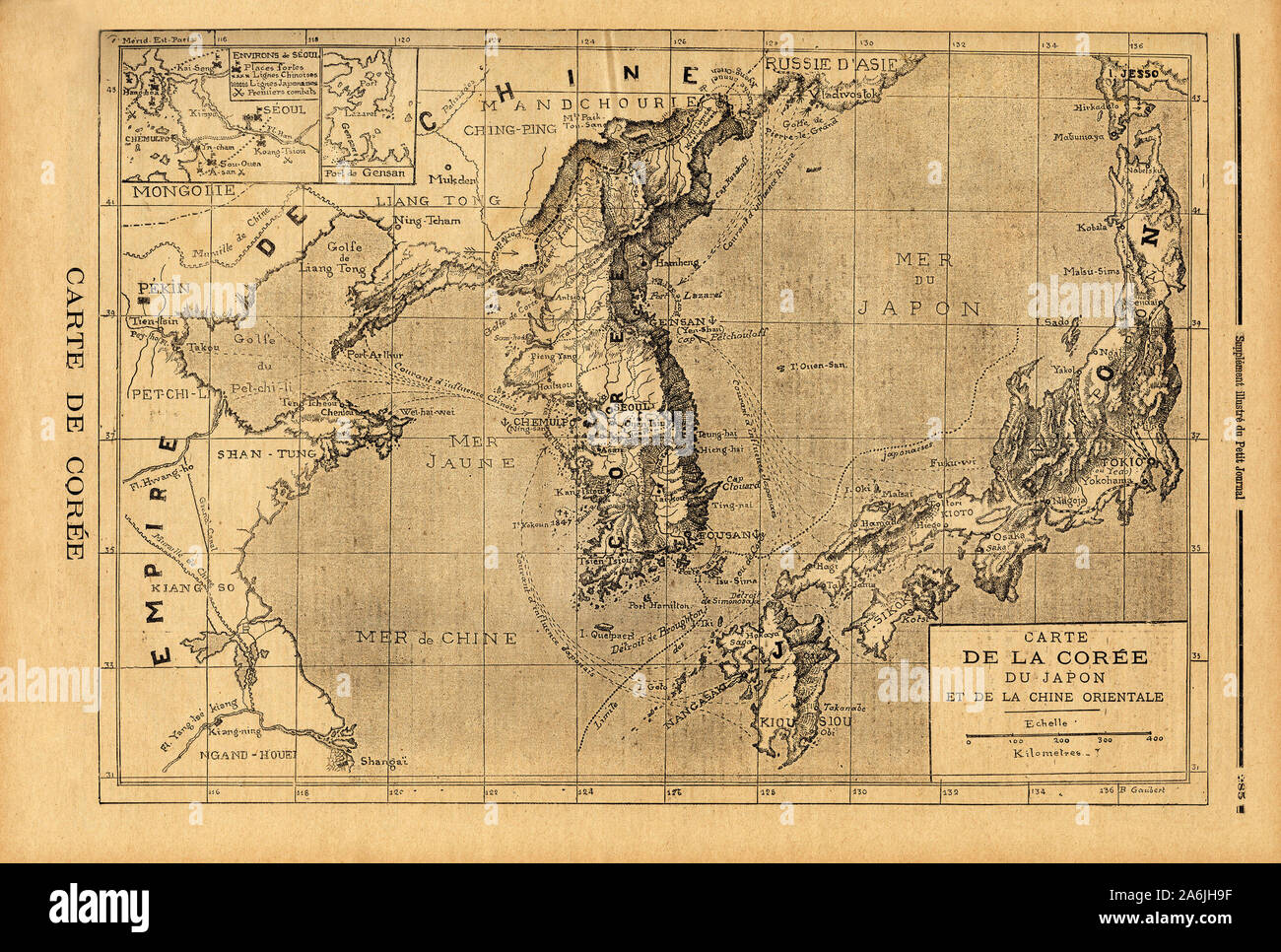Carte de la Coree, du Japon et de la Chine orientale.  Gravure in 'Le petit journal' 3/09/1894. Collection de . . Stock Photo