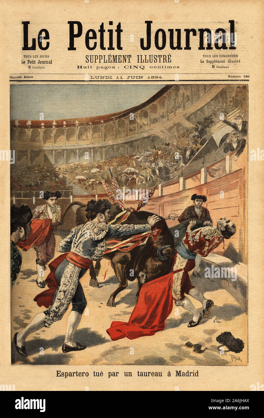 Mort du matador espagnol Manuel Garcia dit Espartero (1865-1894), dans les arenes de Madrid, par une estocade du taureau.  Gravure in 'Le petit journa Stock Photo