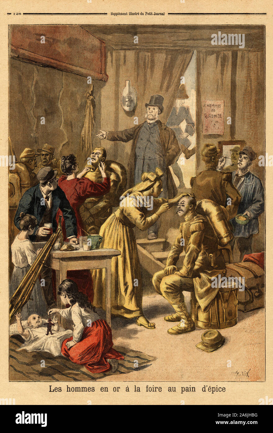 Maquillage des acteurs d'un tableau vivant 'les hommes en or' pour la foire au pain d'epice.  Gravure in 'Le petit journal' 16/04/1894. Collection de Stock Photo