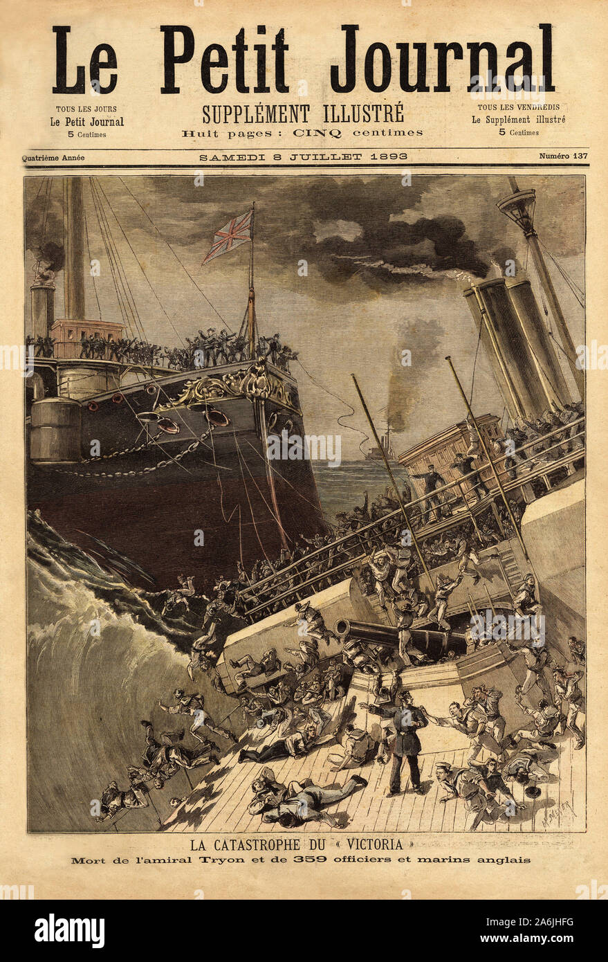Le cuirasse Victoria coule au large des cotes syriennes, eperonne par le navire Camperdown. Gravure in "Le petit journal" 8/07/1893. Collection de . Stock Photo