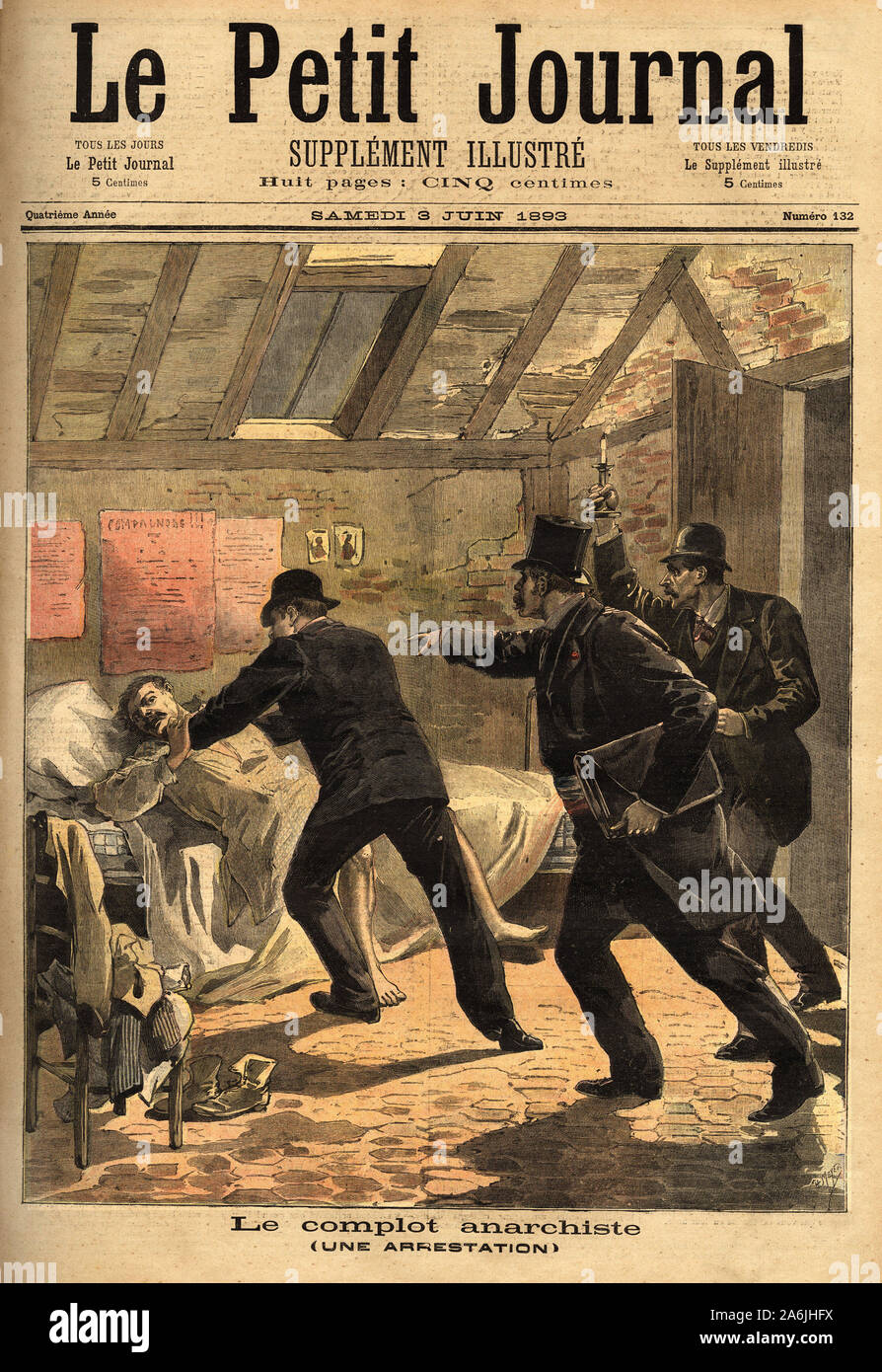 L'arrestation d'un anarchiste, a Paris, et demantelement d'un complot et de caches de dynamite. Gravure in 'Le petit journal' 3/06/1893. Collection de Stock Photo