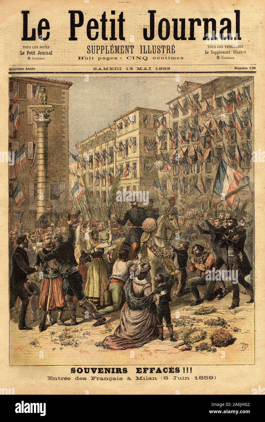 Celebration de l'entree de l'armee napoleonienne a Milan, le 8 juin 1859, assurant l'independance et l'unite de l'Italie. Gravure in 'Le petit journal Stock Photo