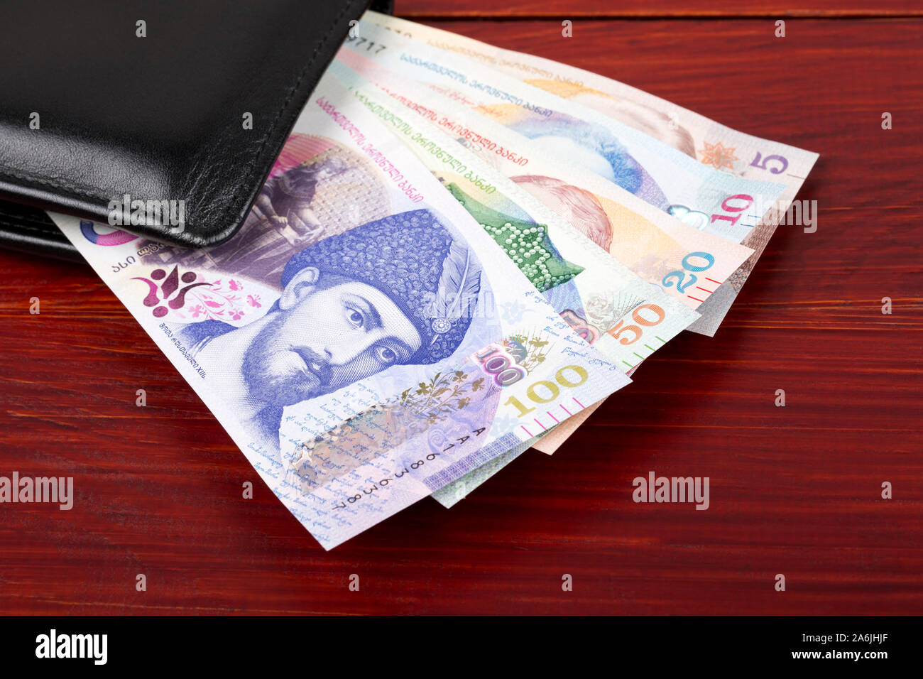 Georgian Lari in the black wallet Stock Photo