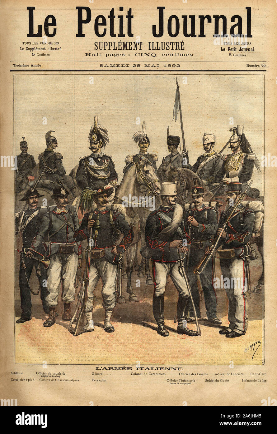 Les uniformes de l'armee italienne, a cheval de gauche a droite: l'artillerie, l'officier de cavalerie, le general, le colonel de carabiniers, l'offic Stock Photo