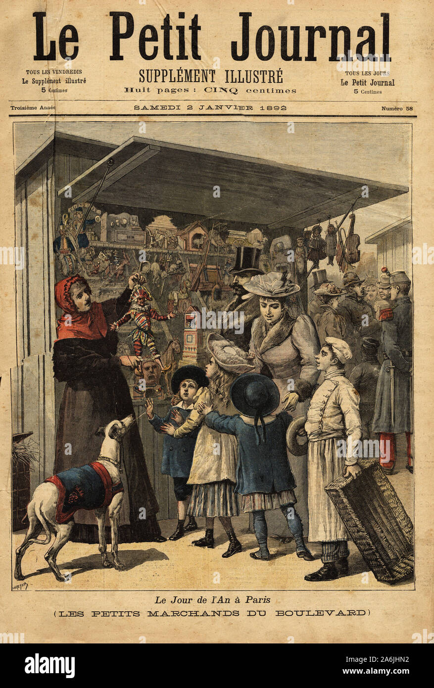 Les marchands et leurs etalages de boulevard au jour de l'an a Paris. Gravure in 'Le petit journal' 2/01/1892. Collection de . . Stock Photo
