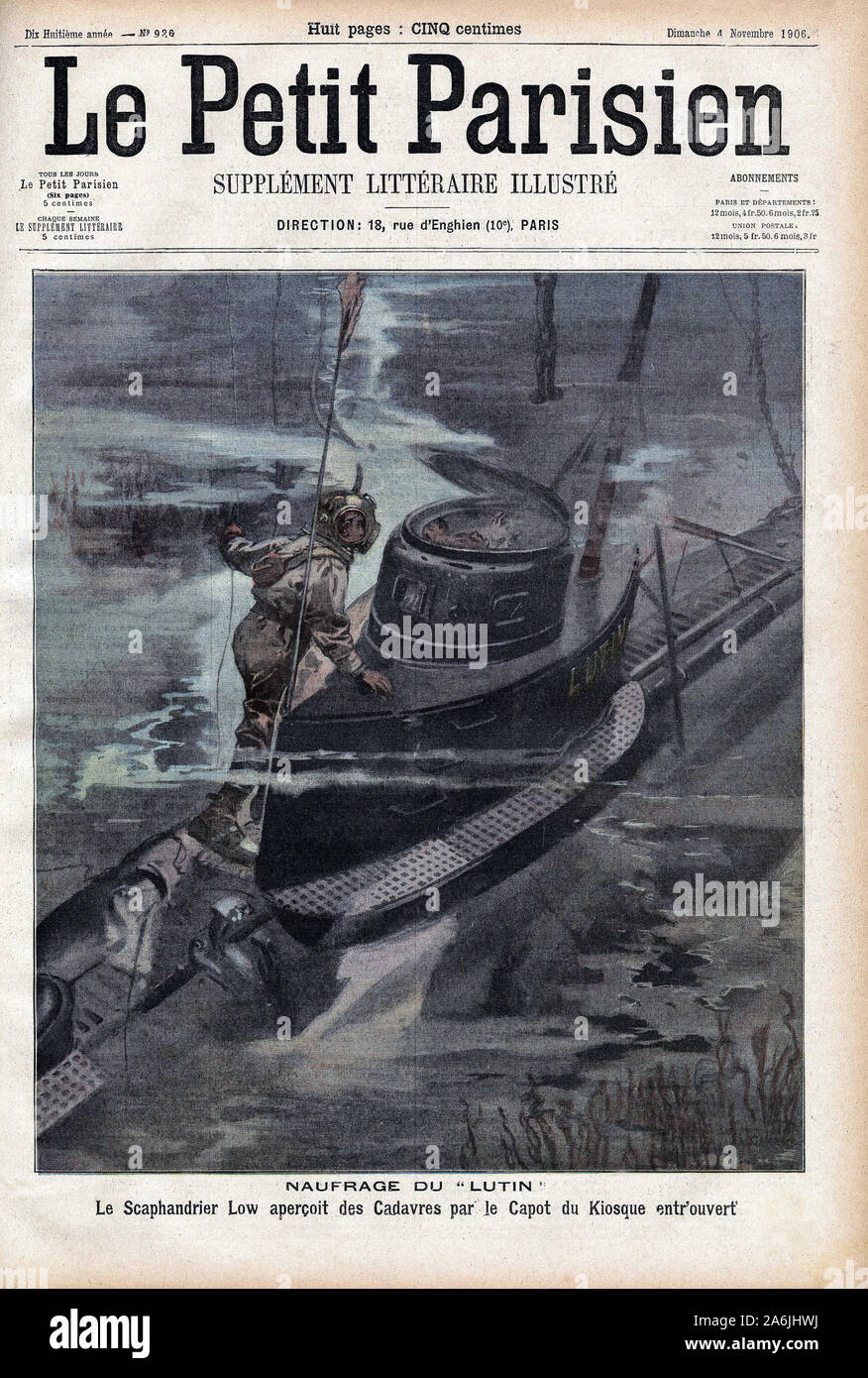 Un scaphandrier retrouve le sous marin 'Le Lutin' dans le lac de Bizerte, coule par voie d'eau le 16 octobre 1906, entrainant la mort de 14 marins et Stock Photo