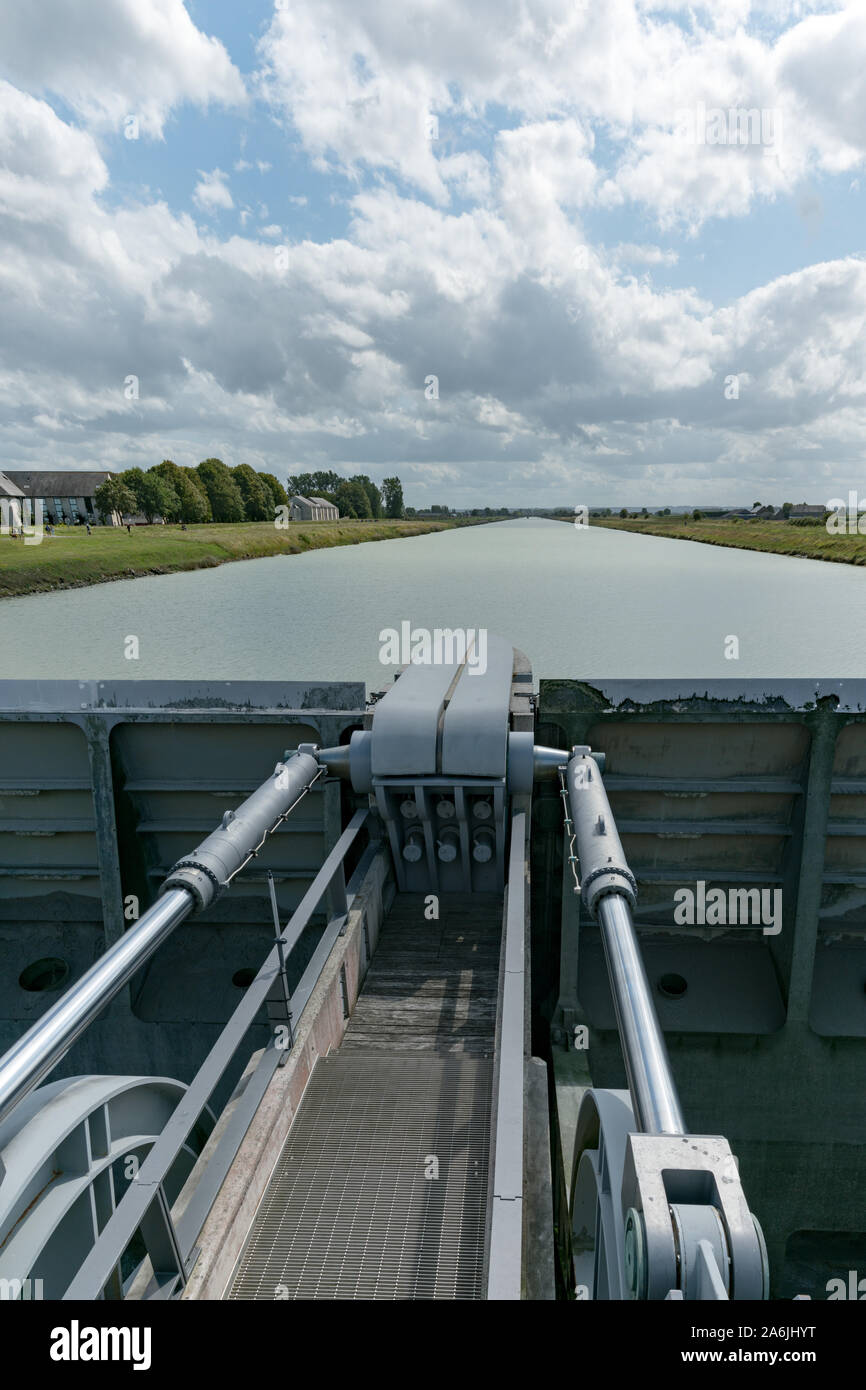 detail view of river locks and weir to regulate water flow in canal