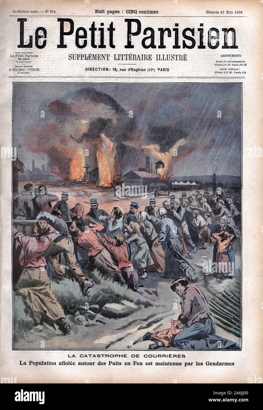 Incendie des mines de Courrieres dans le nord de la France, 1099 mineurs y trouvent la mort. Gravure in 'Le Petit Parisien', le 25/03/1906. Stock Photo