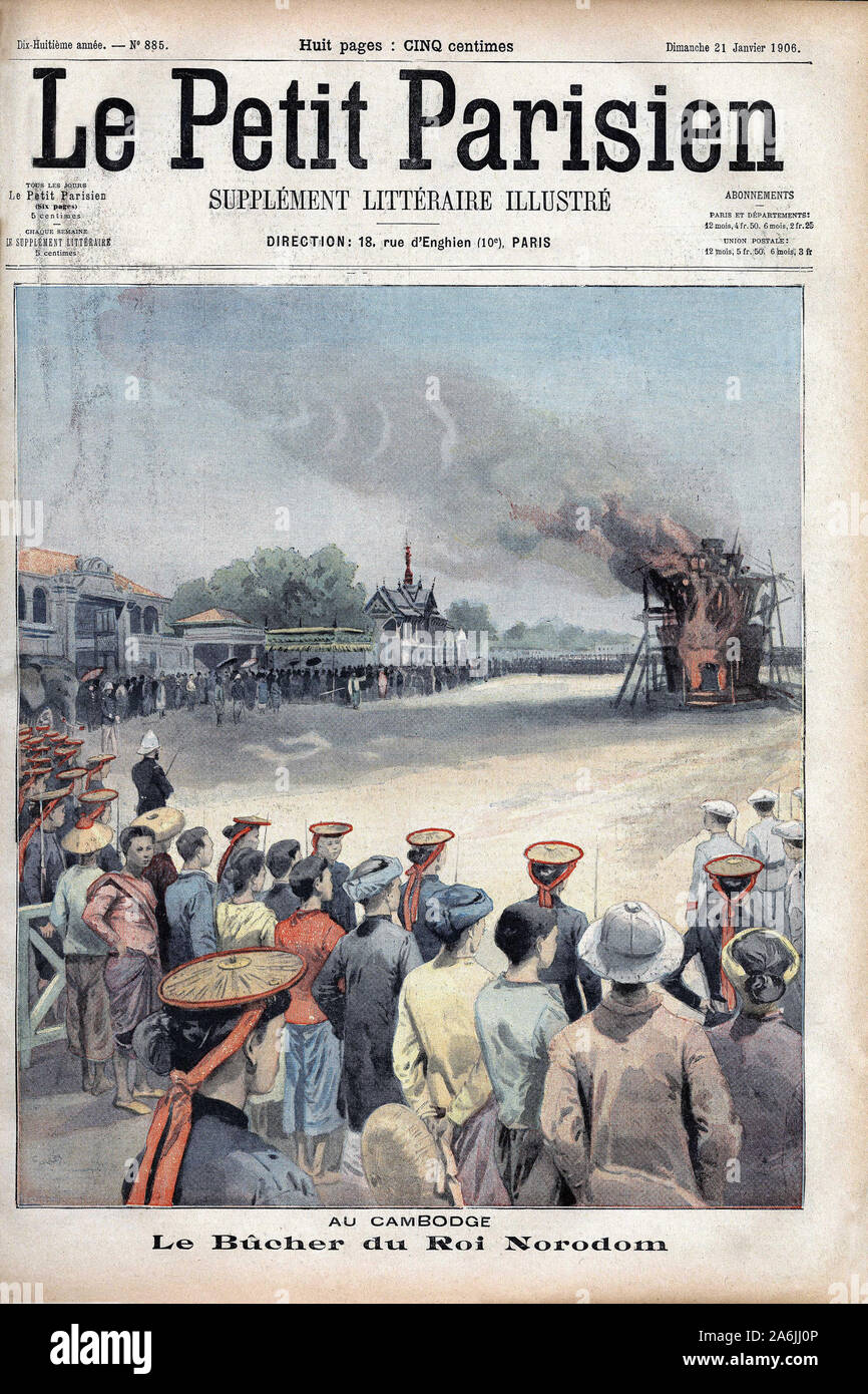 Ceremonie funeraire avec cremation du corp du roi du Cambodge Norodom. Gravure in 'Le Petit Parisien', le 21/01/1906. Stock Photo