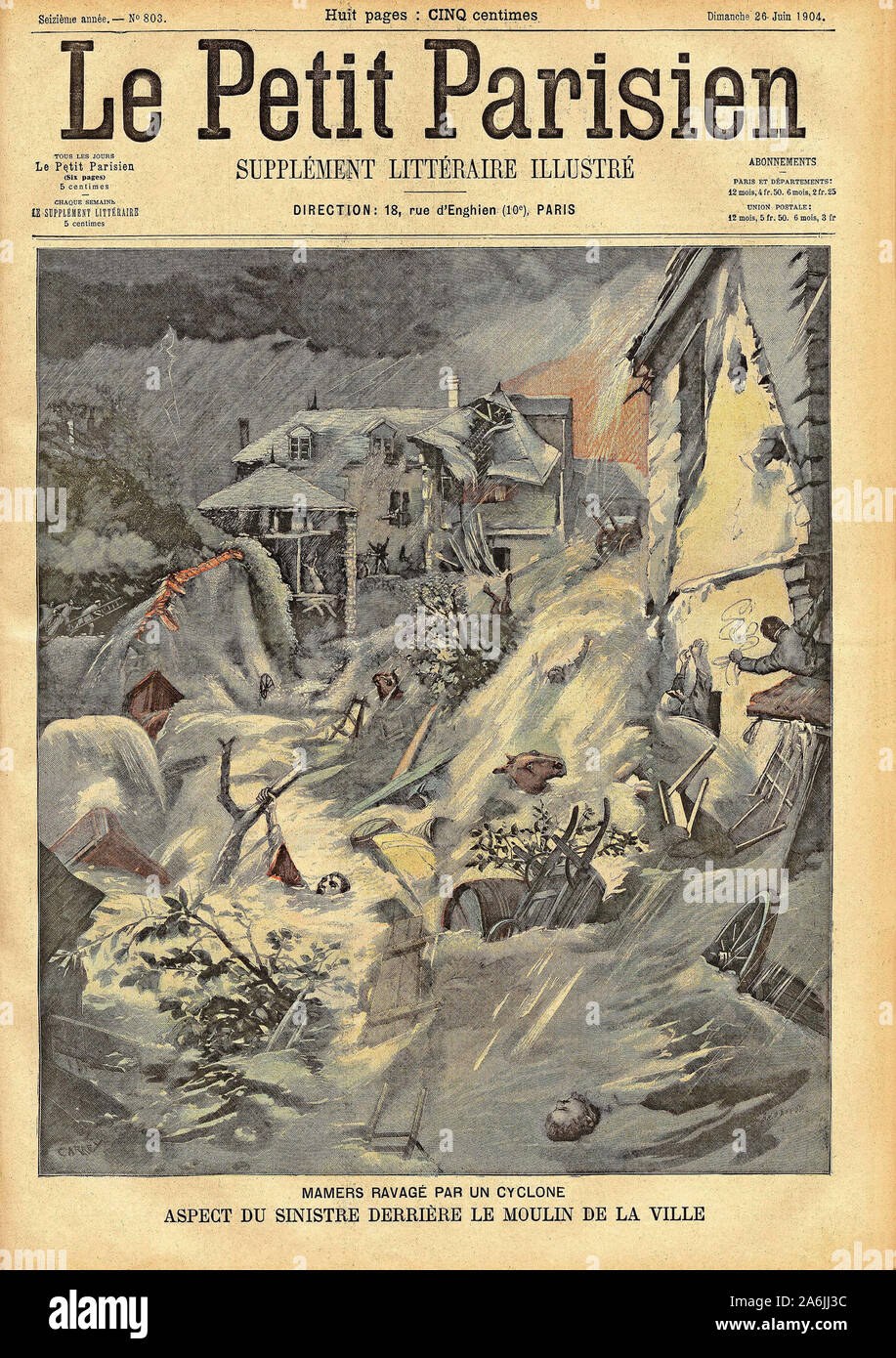Un cyclone engloutit le village de Mamers dans la Sarthe. Gravure in 'Le Petit Parisien', le 26/06/1904. Stock Photo