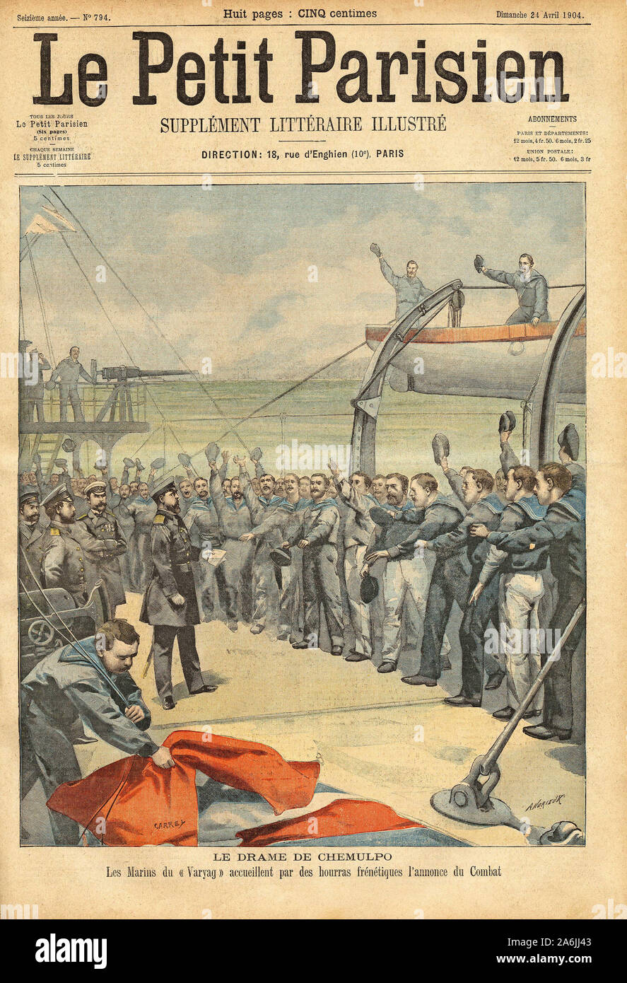 Lancement du navire russe, le 'Varyag' dans la bataille de Chemulpo (Inchon en Coree) contre les Japonais. Gravure in 'Le Petit Parisien', le 24/04/19 Stock Photo