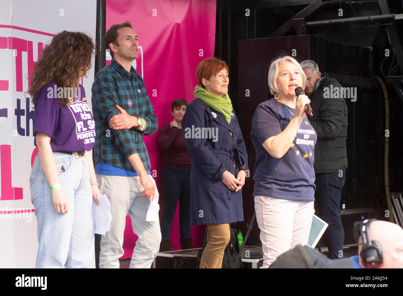 London, UK - 19 October 2019 - Left to right Tara Grace Connelly, Silas Jones, Vanessa Glynn and Susan Martin speaking at the Peoples Vote rally, Parliament Square. Hundreds of thousands of people from right across the UK joined the march and rally to support “Giving the people a final say” on Brexit. Organised by the Peoples Vote campaign to get a Referendum on the final Brexit deal with an option to remain inside the EU. Starting in Park Lane, the march ended in Parliament Square where there were speeches from leading campaigners. More info: www.peoples-vote.uk and www.letusbeheard.uk - cred Stock Photo