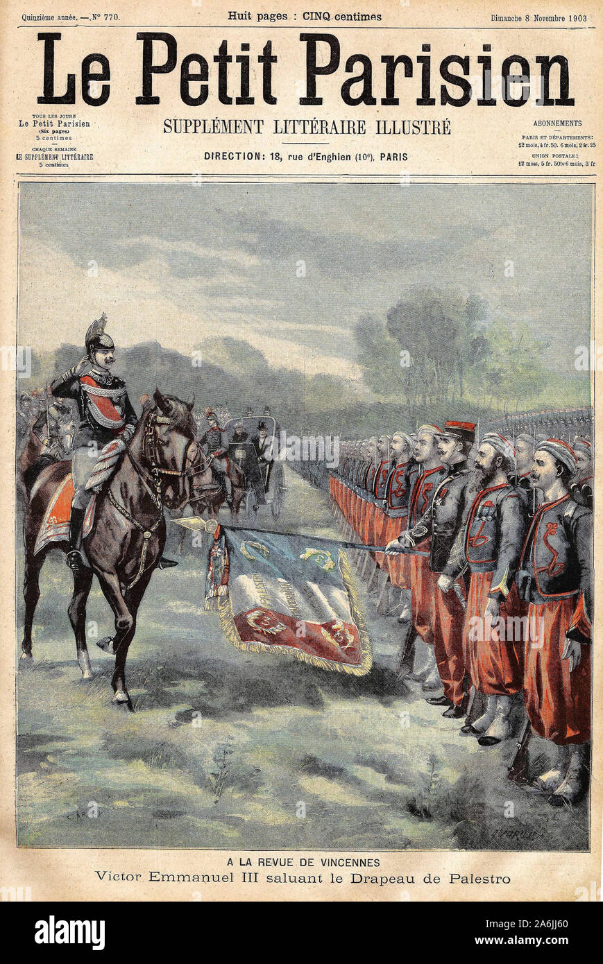 Victor Emmanuel III (Victor-Emmanuel) (Vittorio Emanuele) en visite a Paris, passe en revue les troupes de Vincennes et salue le drapeau de Palestro. Stock Photo