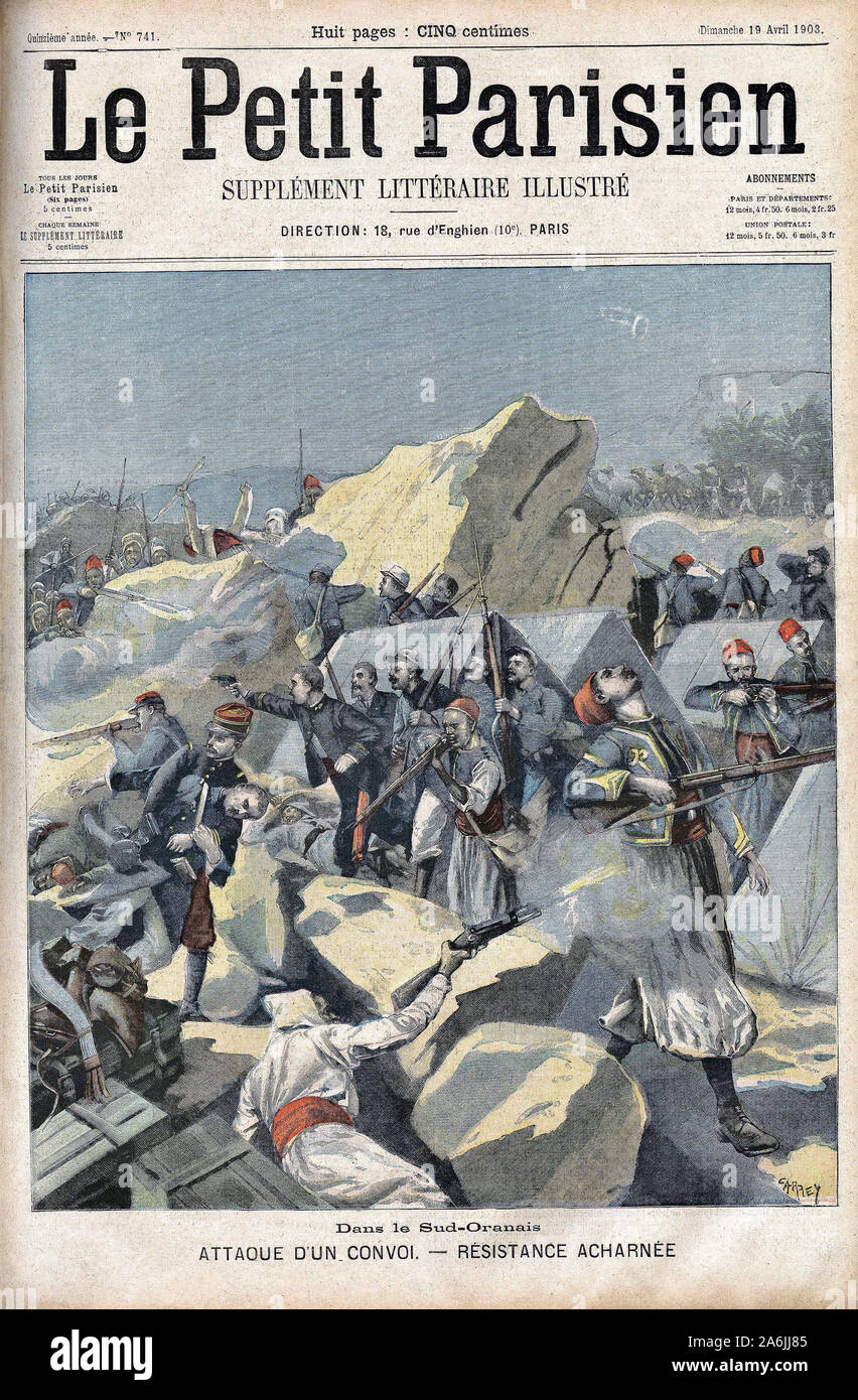 Un convoi francais est attaque dans la region de Figuig (Maroc) par des tribus guerrieres. Gravure in 'Le Petit Parisien', le 19/04/1903. Stock Photo