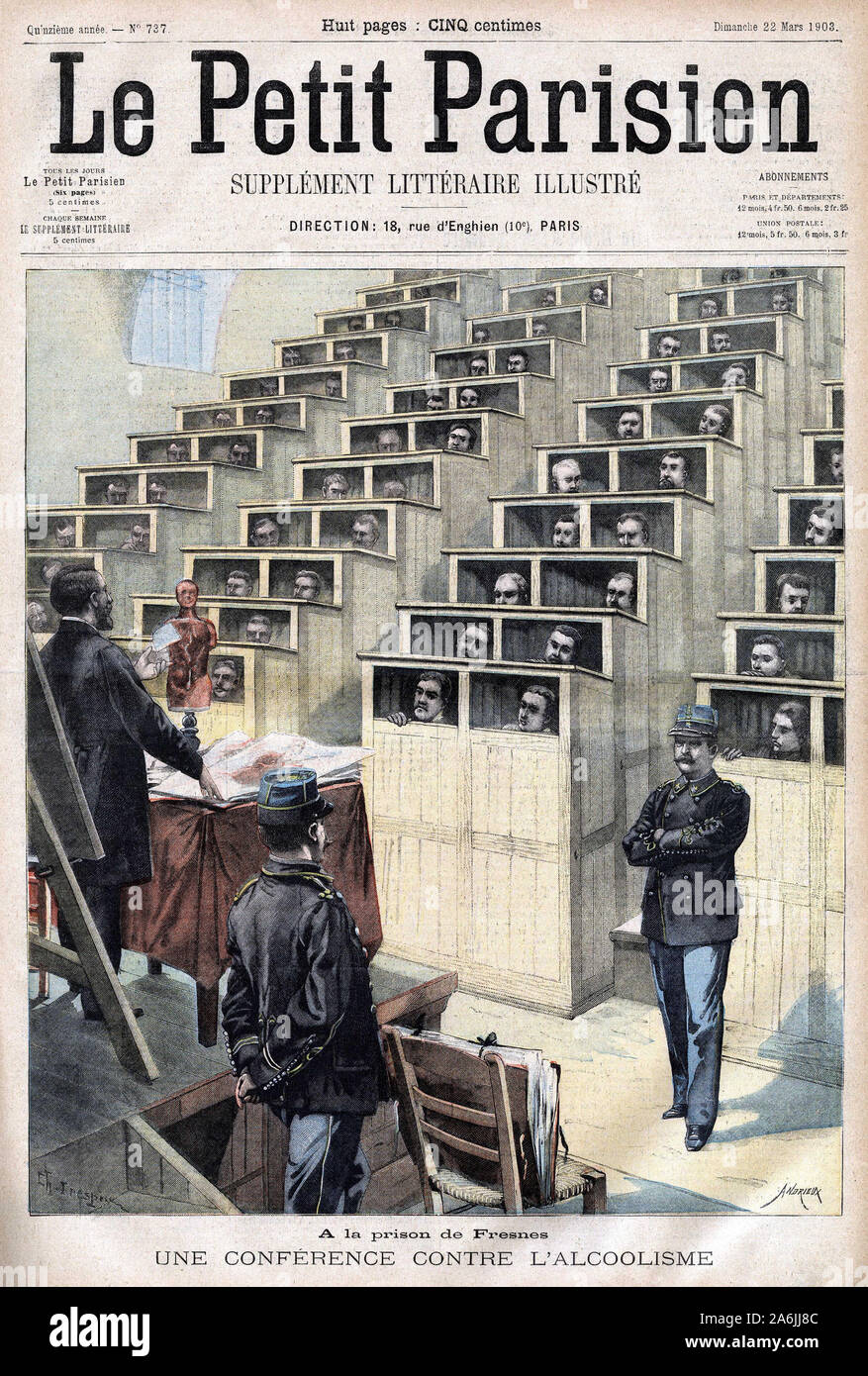 Les detenus de la prison de Fresnes assistent a la conference contre l'alcoolisme. Gravure in 'Le Petit Parisien', le 22/03/1903. Stock Photo