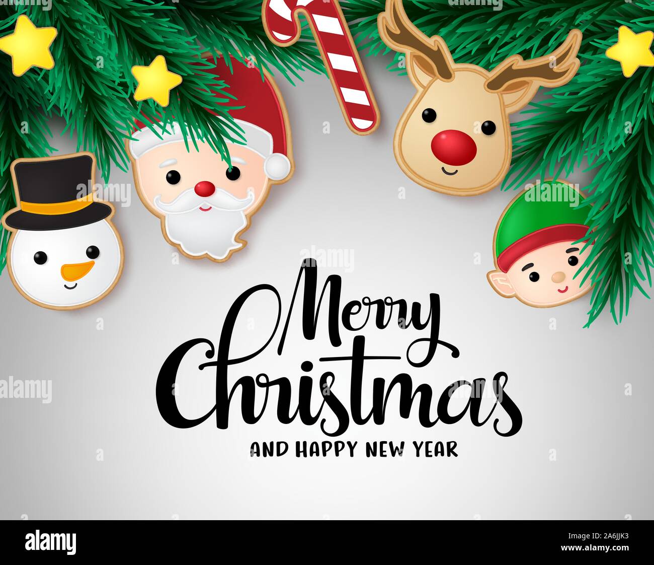 Christmas With Hanging Elements Vector Background Template Merry Christmas With Pine Leaves Candy Cane Reindeer Santa Claus Snowman Elf And Star Stock Vector Image Art Alamy