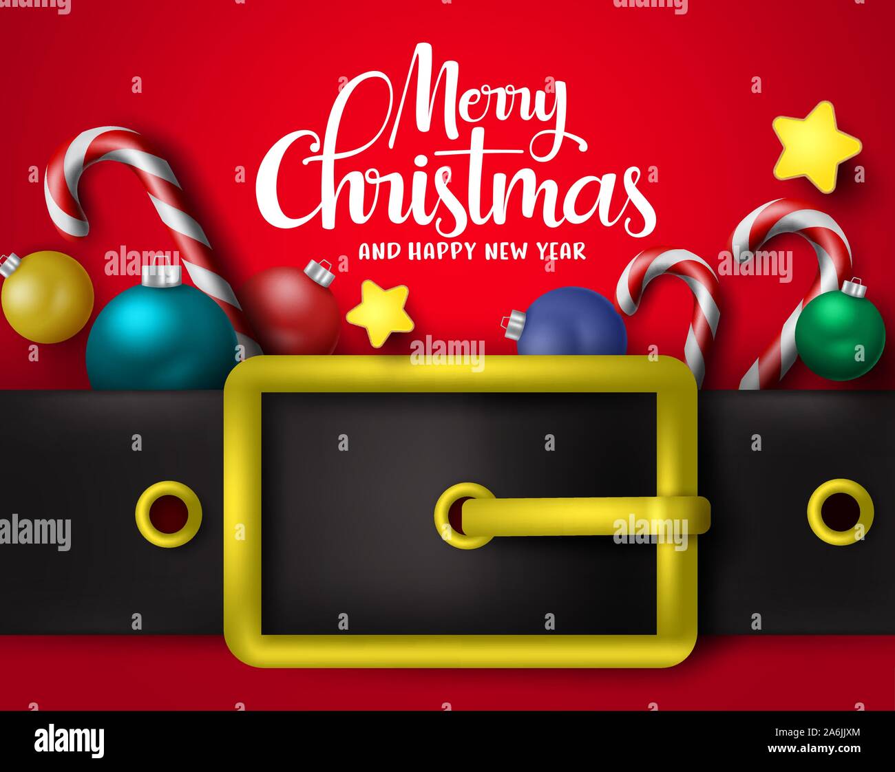 Merry Christmas greeting with big belt vector background design. Merry chirstmas typography text with xmas decor elements of candy cane, balls. stars. Stock Vector